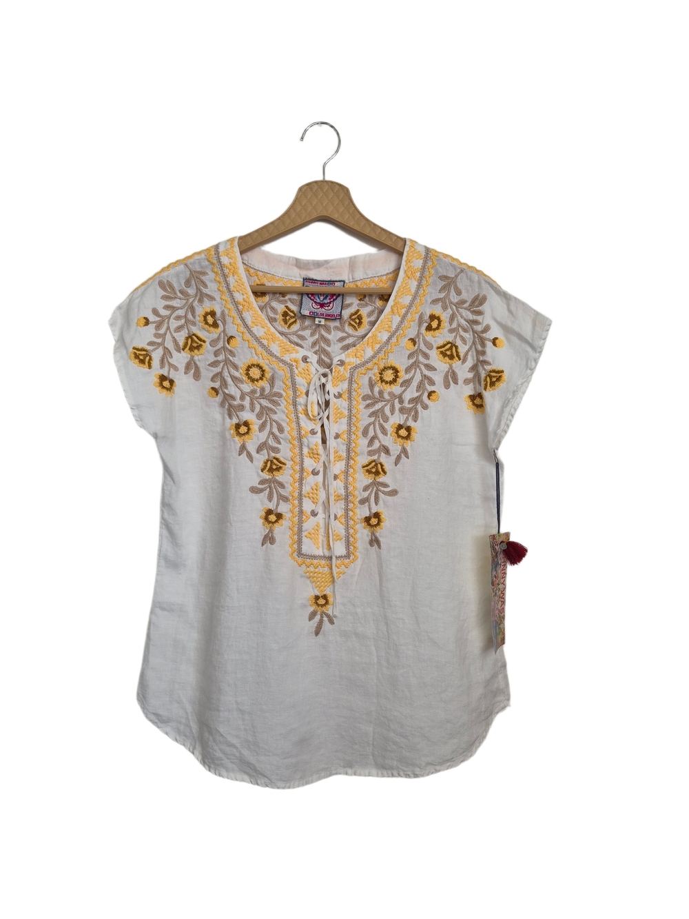 Johnny Was NWT White 100% Linen Yellow Floral Embroidered Peasant Top M